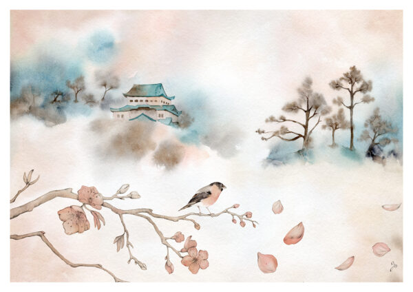 012 Paysage Bouvreuil et cerisier A4 RVB Tirage d'art - Le bouvreuil et le cerisier